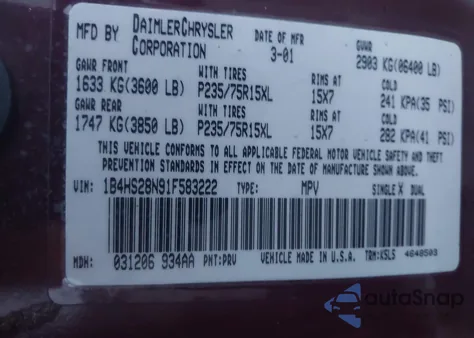 2001 Dodge Durango z USA, uszkodzony, nr VIN 1B4HS28N91F583222